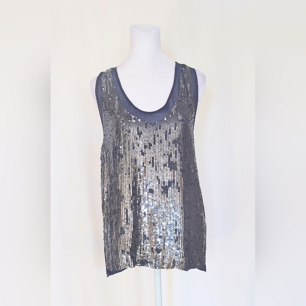 Artelier Nicole Miller Sleeveless Sequins Scoop Neck Silk Tank Top Blue Small